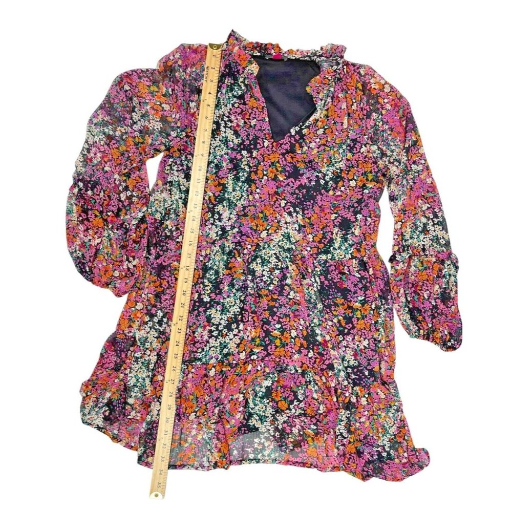 Vince Camuto Boho Black Pink Floral Lined Babydoll Chiffon Dress Size Medium - Picture 4 of 8